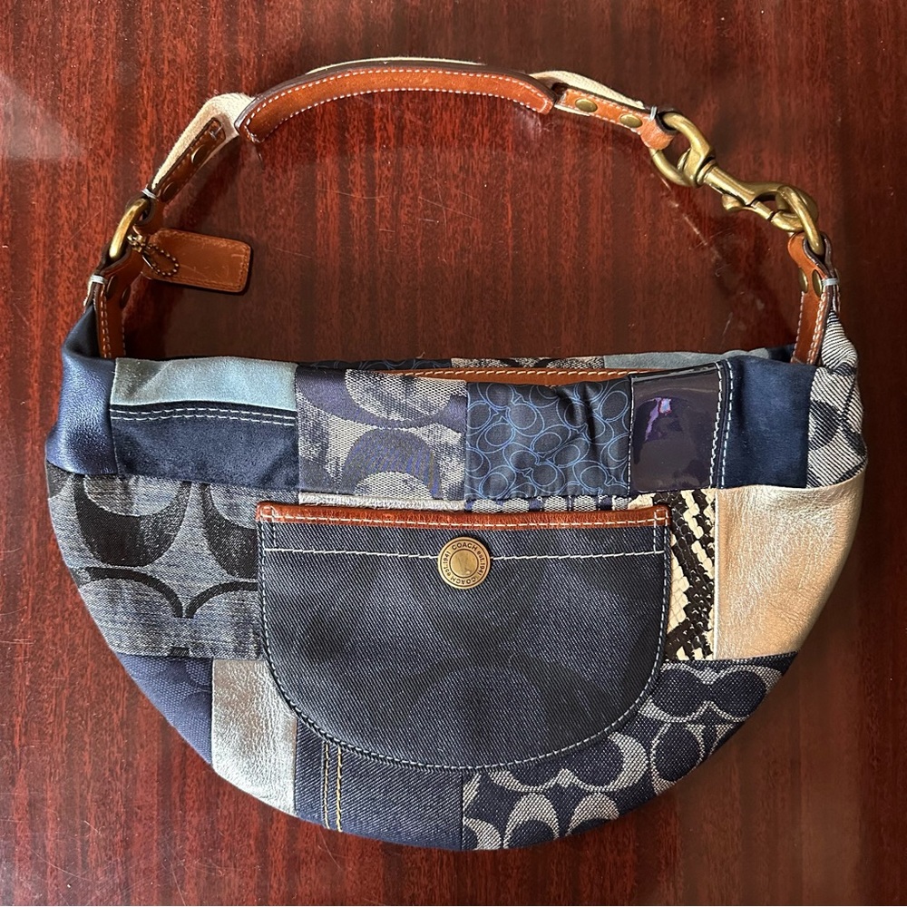 Y2K Denim & Leather Patchwork Coach Shoulder Bag